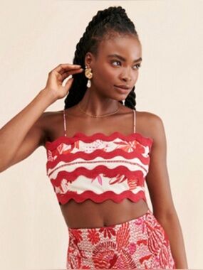 Farm Rio Women's Red Off-white Rio Tiles Crop Top Tie Back Blouse shirt Size XS
